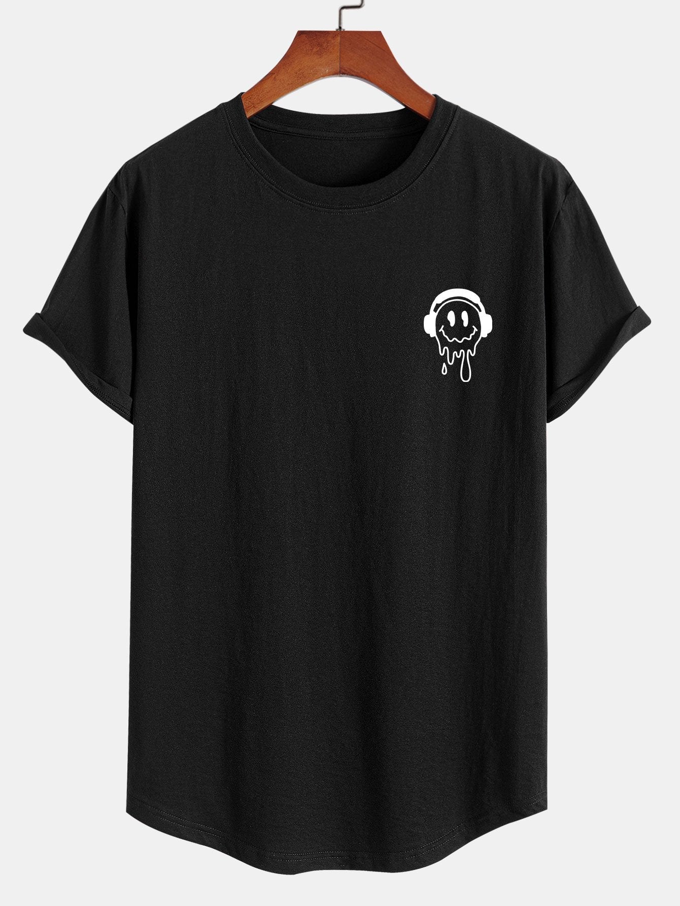 Smiling Face With Headphones Print Cotton Arc Hem T-Shirt