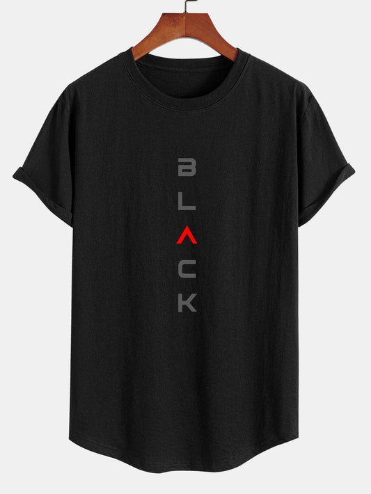 Black Print Cotton Arc Hem T-Shirt