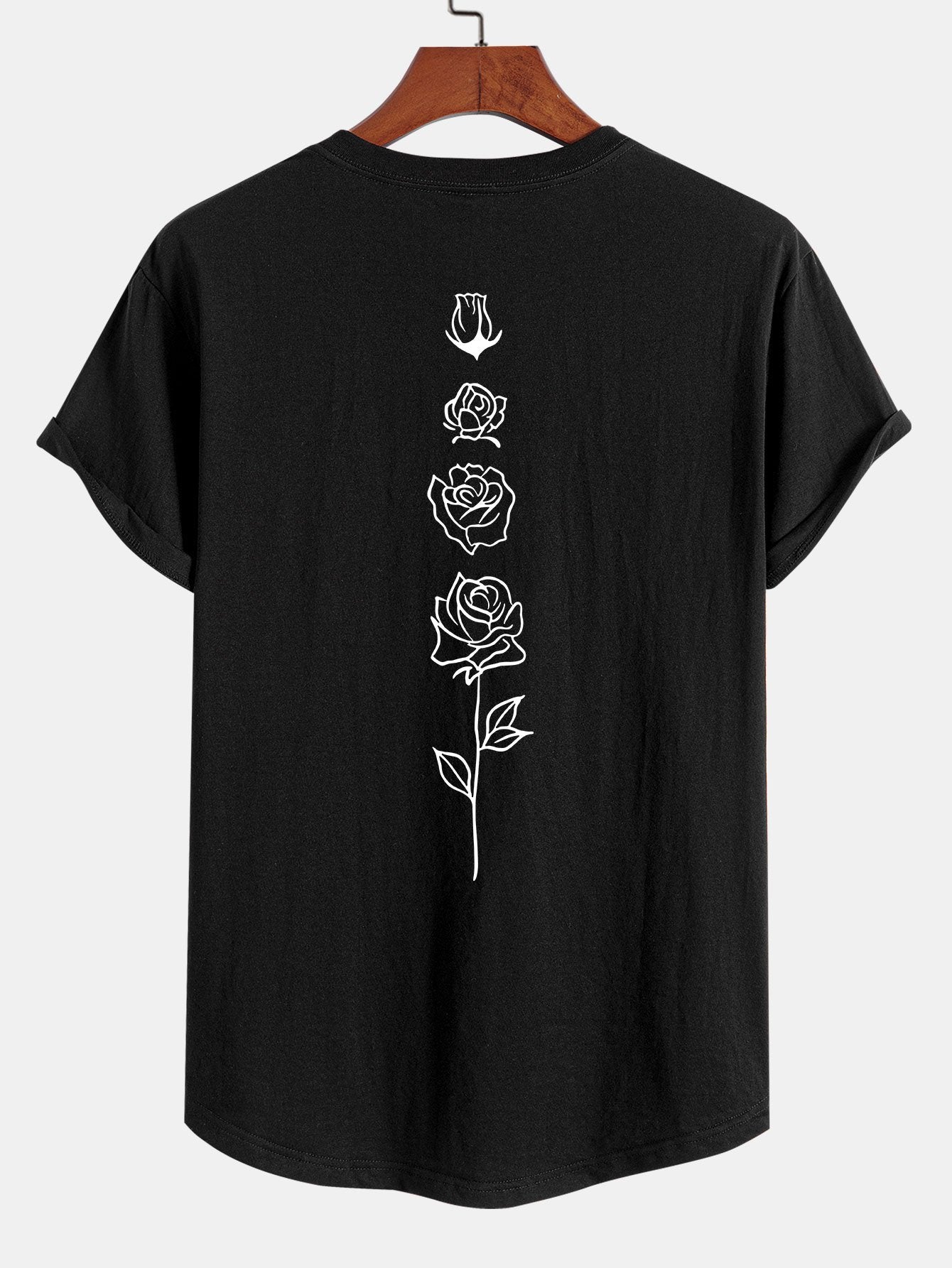 Rose Print Cotton Arc Hem T-Shirt