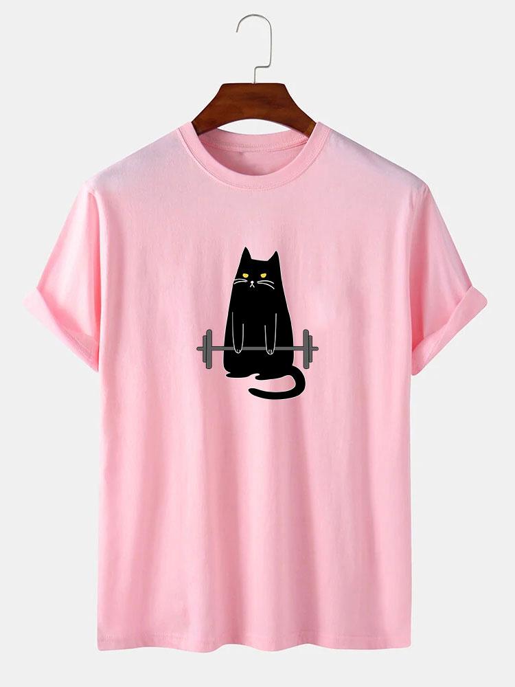 Weightlifting Cat Print T-Shirt