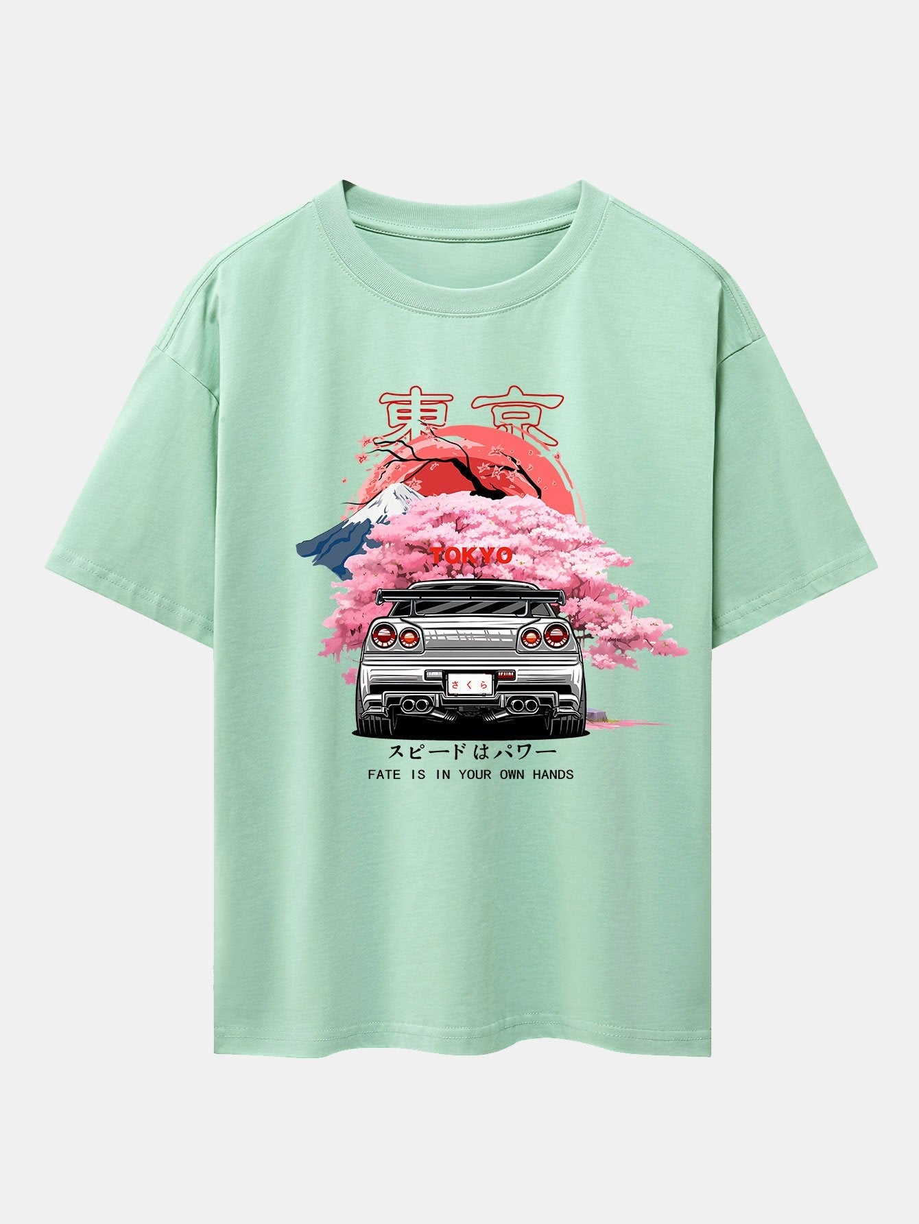 Tokyo Cherry Blossoms Car Print Drop Shoulder Oversize T-Shirt