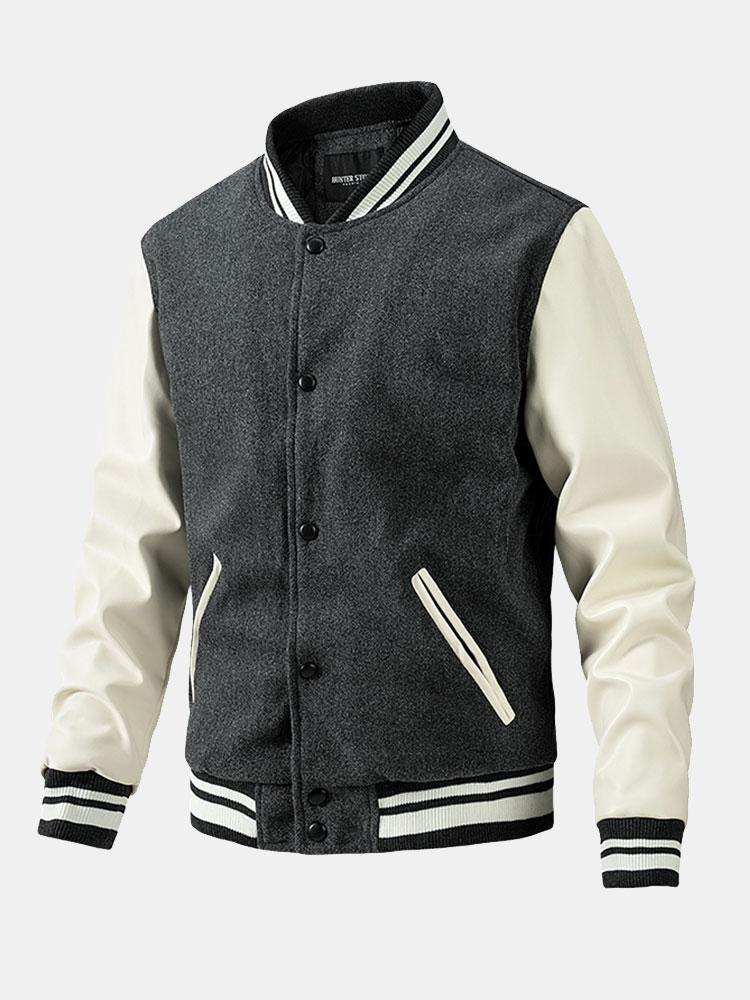 Contrast Wool Look PU Baseball Jacket