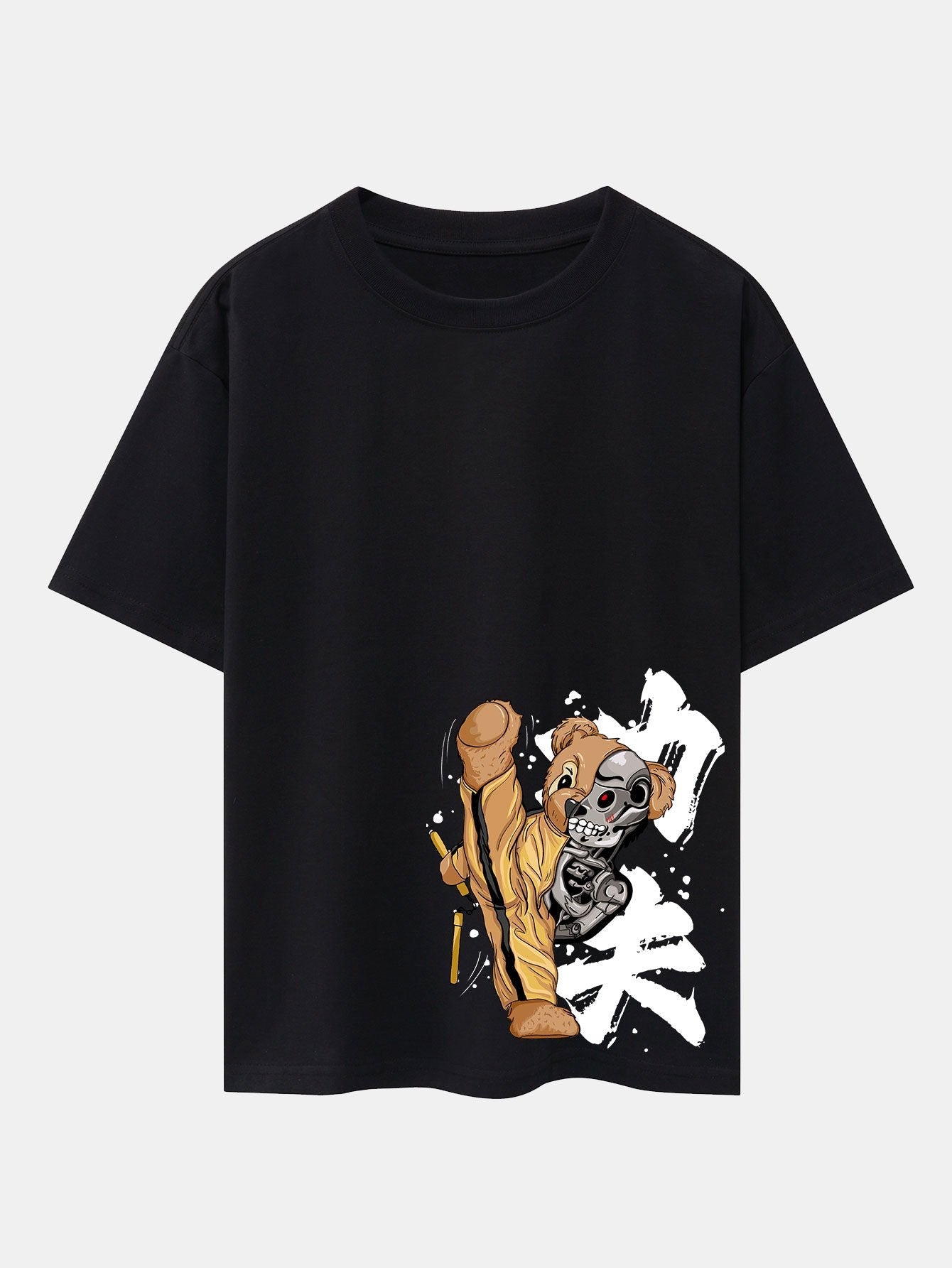 Kung Fu Bear Print Drop Shoulder Oversize T-Shirt