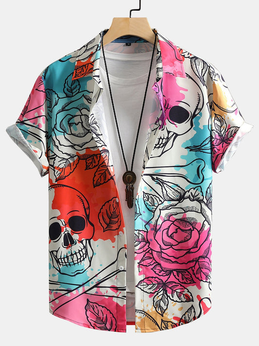 Chemise boutonnée à imprimé floral et tête de mort