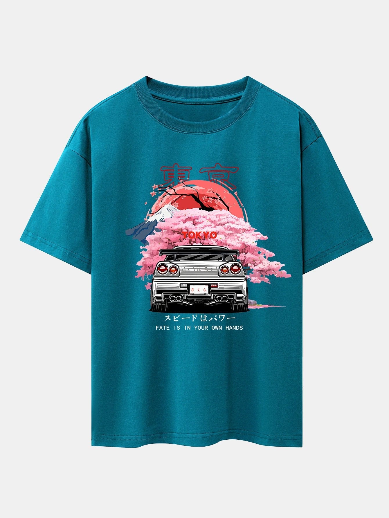 Tokyo Cherry Blossoms Car Print Drop Shoulder Oversize T-Shirt