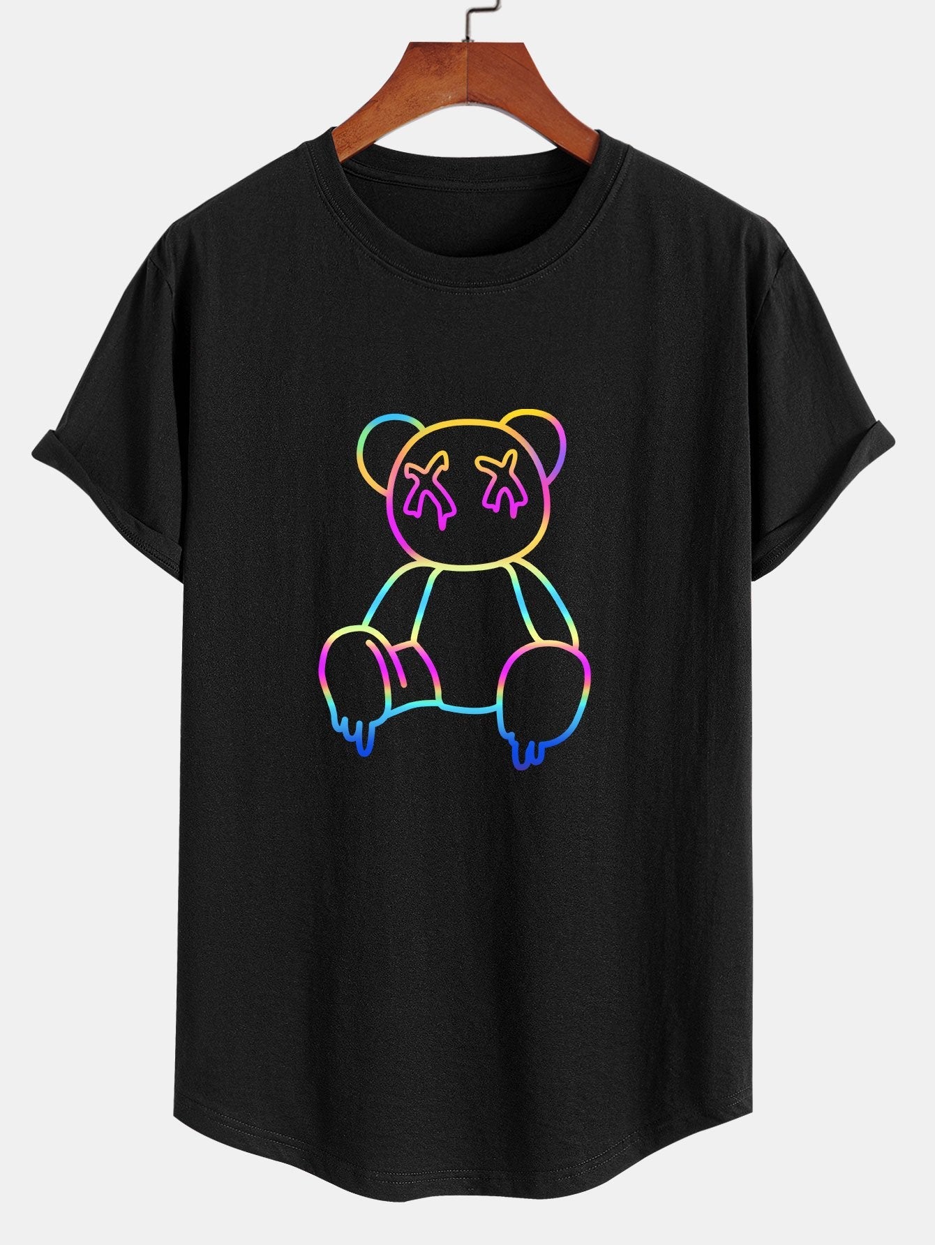 Multicolor Bear Print Cotton Arc Hem T-Shirt