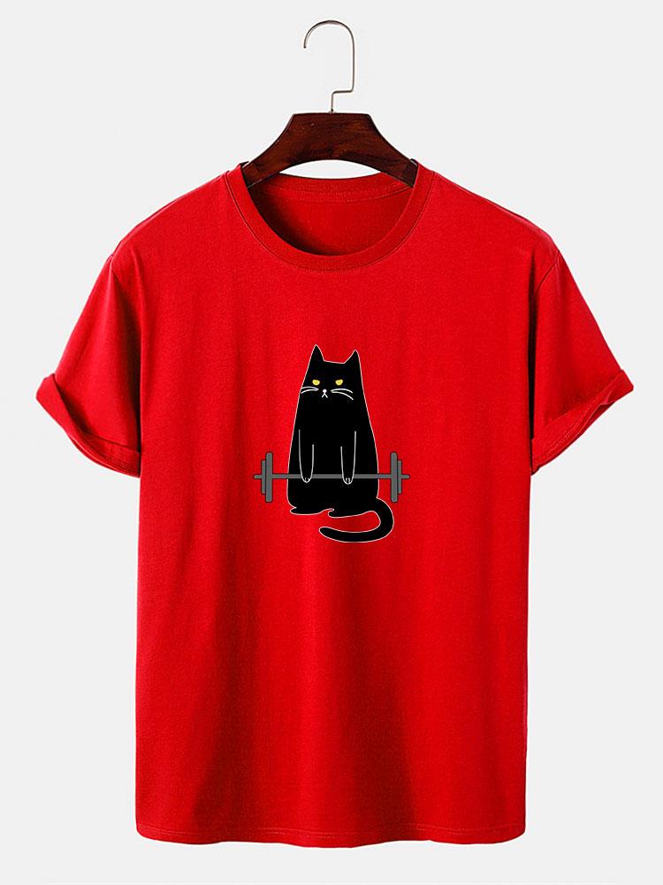 Weightlifting Cat Print T-Shirt