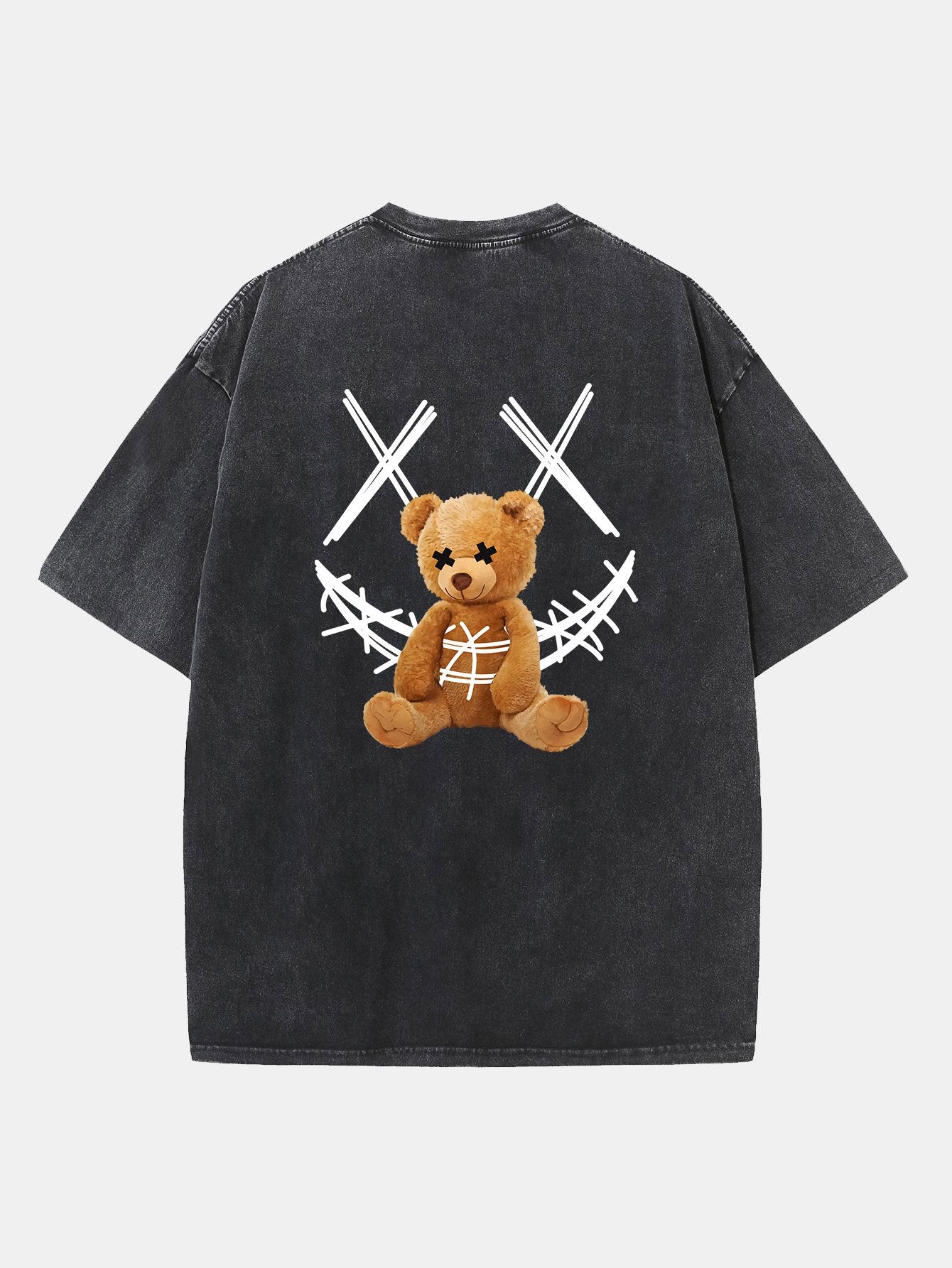 Smiley Bear Back Print Washed Distressed Drop Shoulder T-Shirt