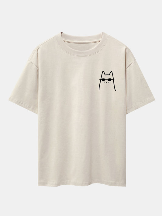 Cat With Sunglasses Print Drop Shoulder Oversize T-Shirt