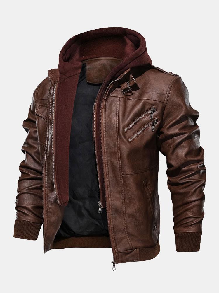 Veste en cuir PU zippée à capuche amovible