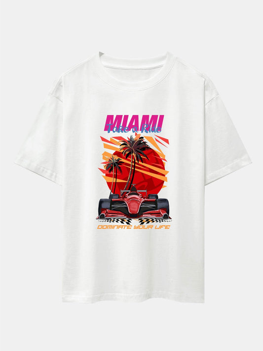 Miami F1 Racing Print Drop Shoulder Oversize T-Shirt