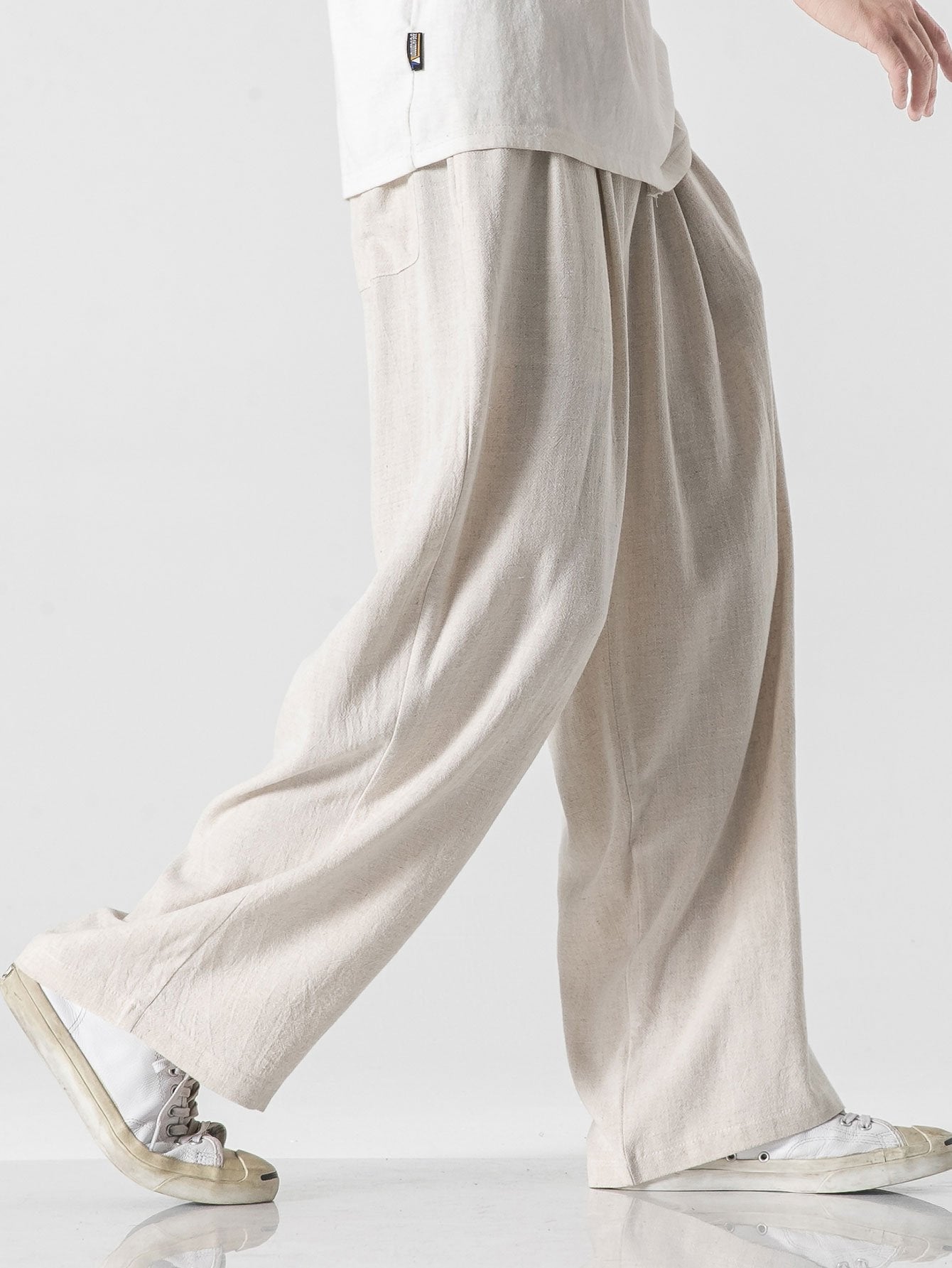 Pantalon large coupe décontractée en mélange de lin et de coton