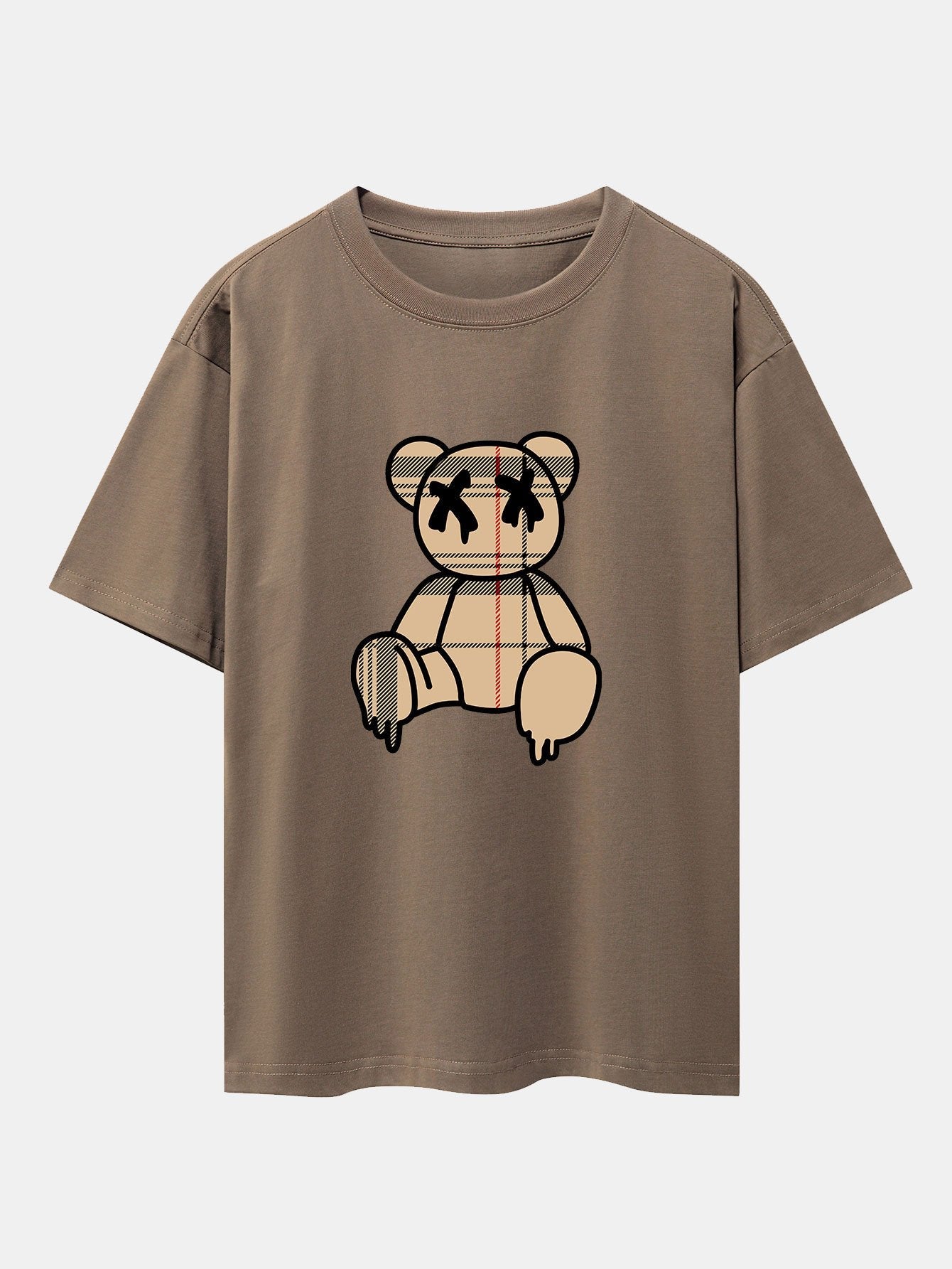 Plaid Pattern Dissolving Bear Print Heavy Weight Drop Shoulder Oversize T-Shirt