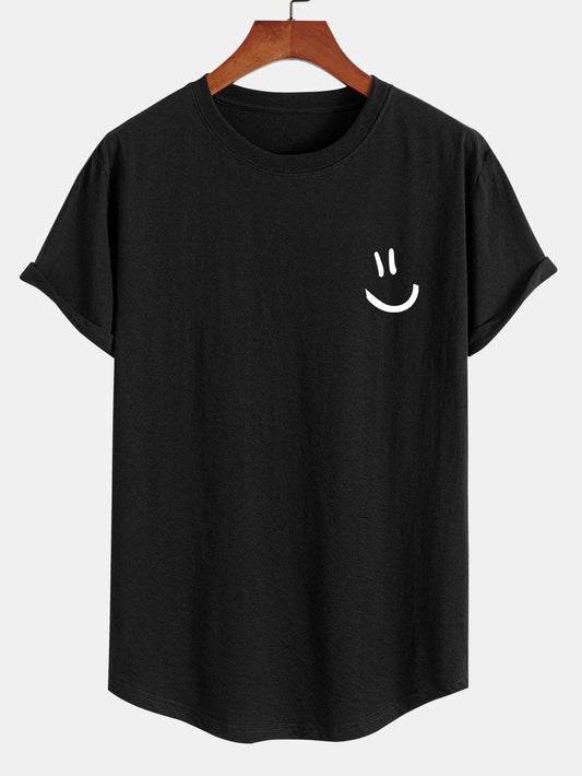 Smiley Print Cotton Arc Hem T-Shirt