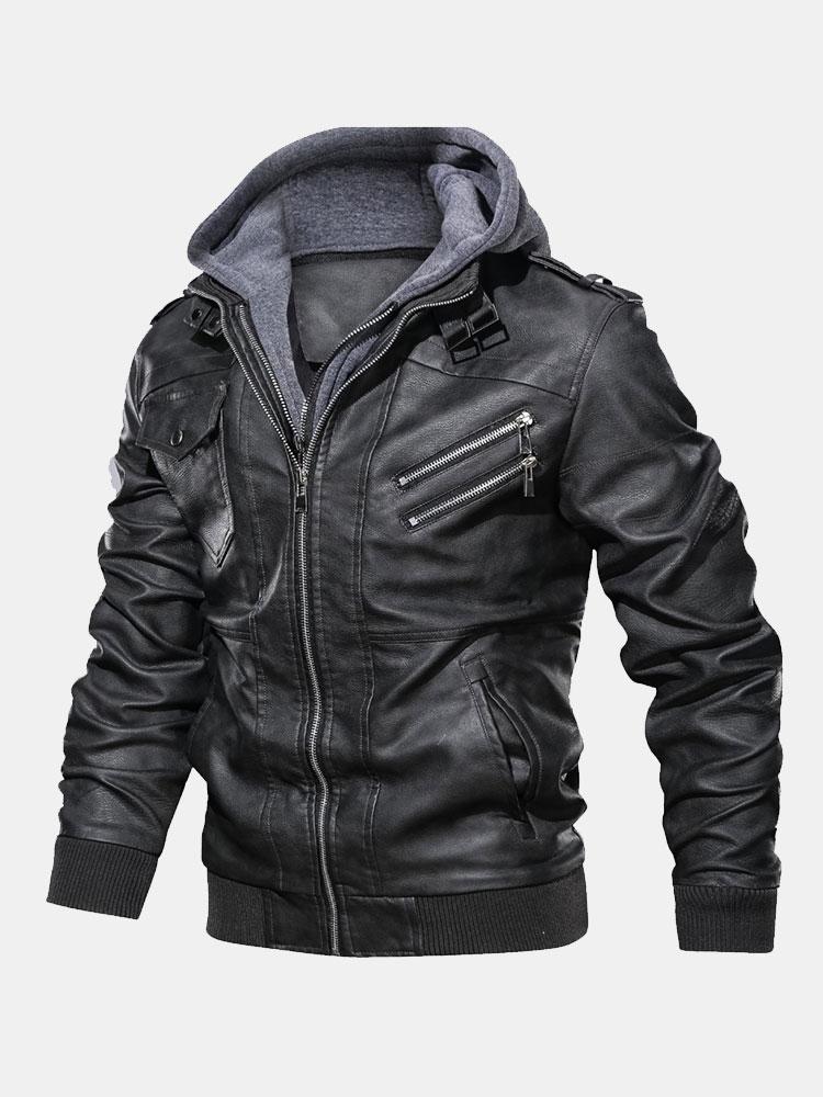 Veste en cuir PU zippée à capuche amovible