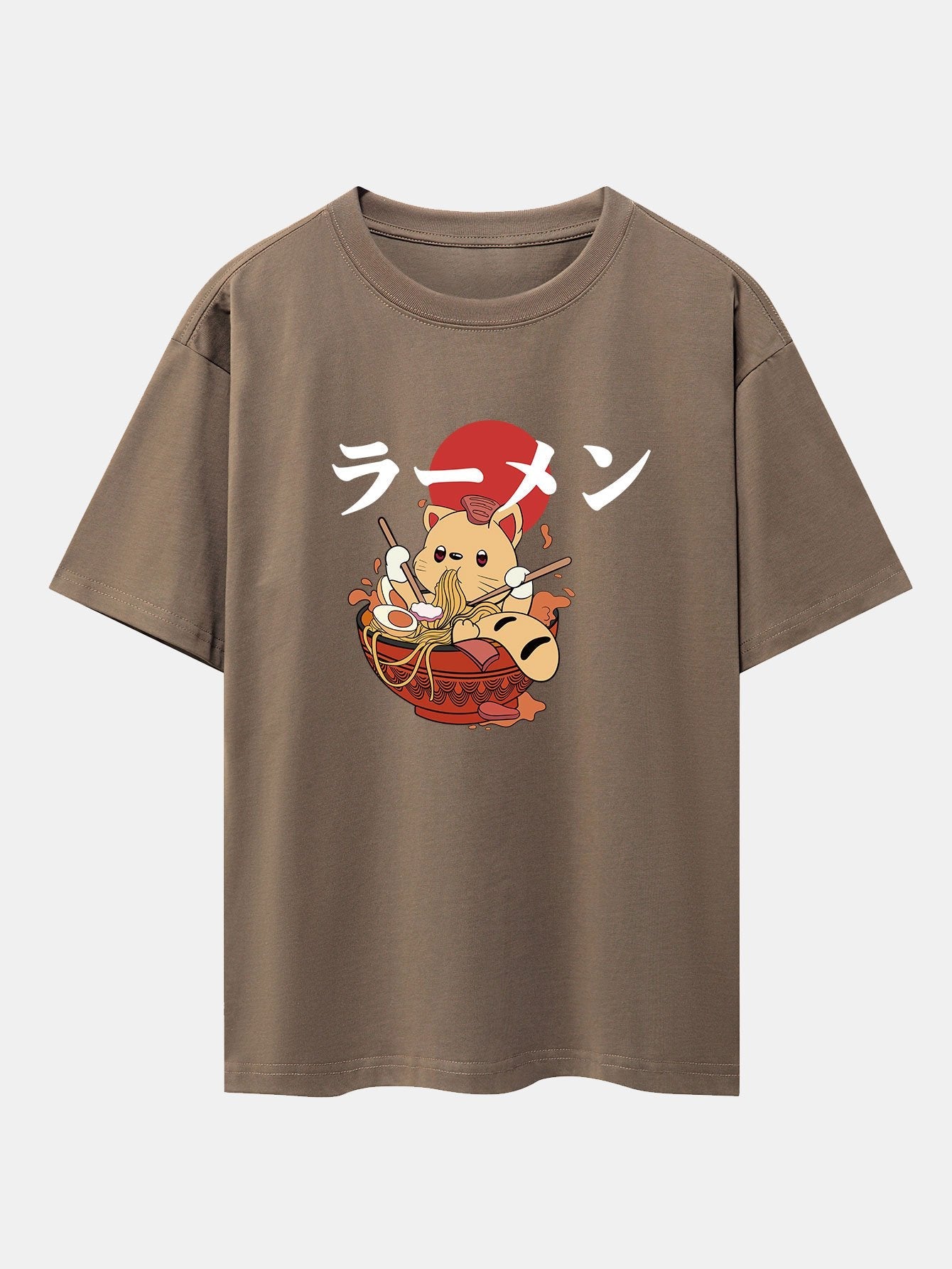 Ramen Cat Print Drop Shoulder Oversize T-Shirt