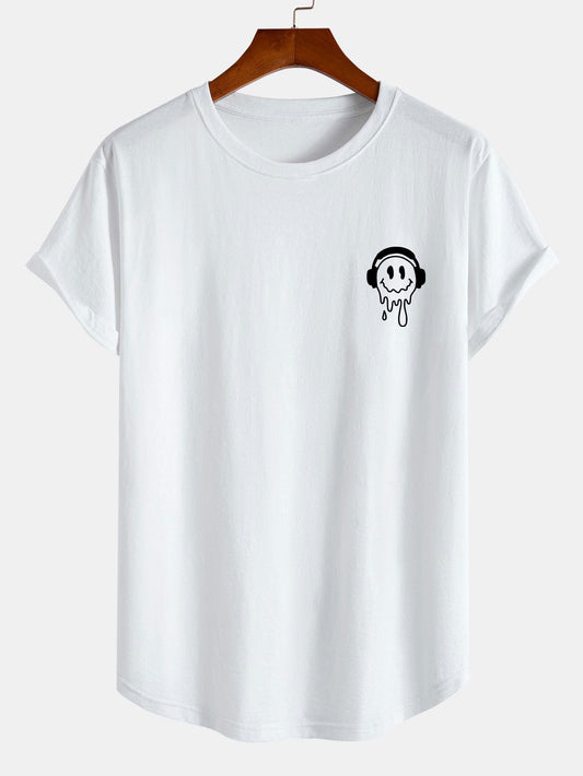 Smiling Face With Headphones Print Cotton Arc Hem T-Shirt