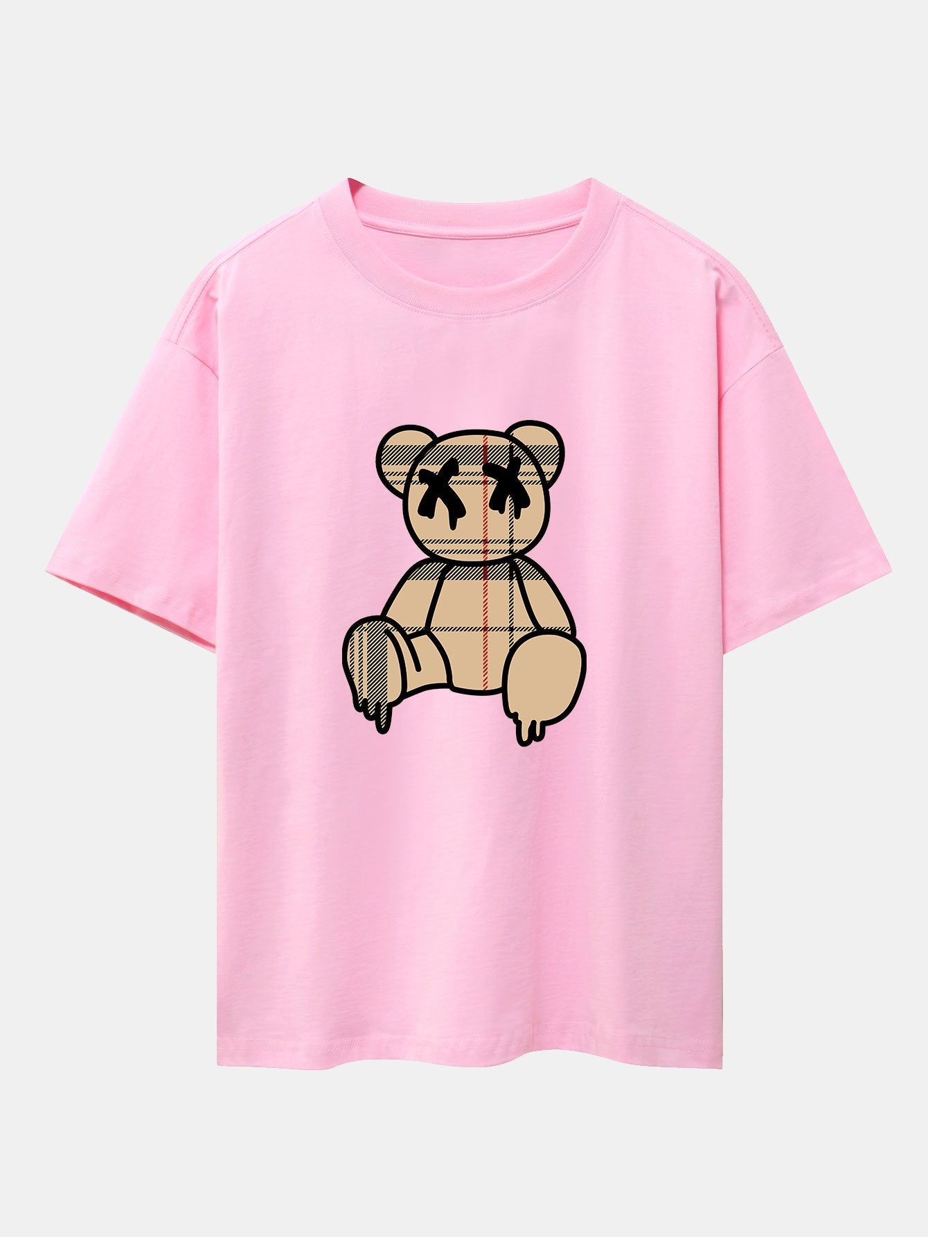 Plaid Pattern Dissolving Bear Print Heavy Weight Drop Shoulder Oversize T-Shirt