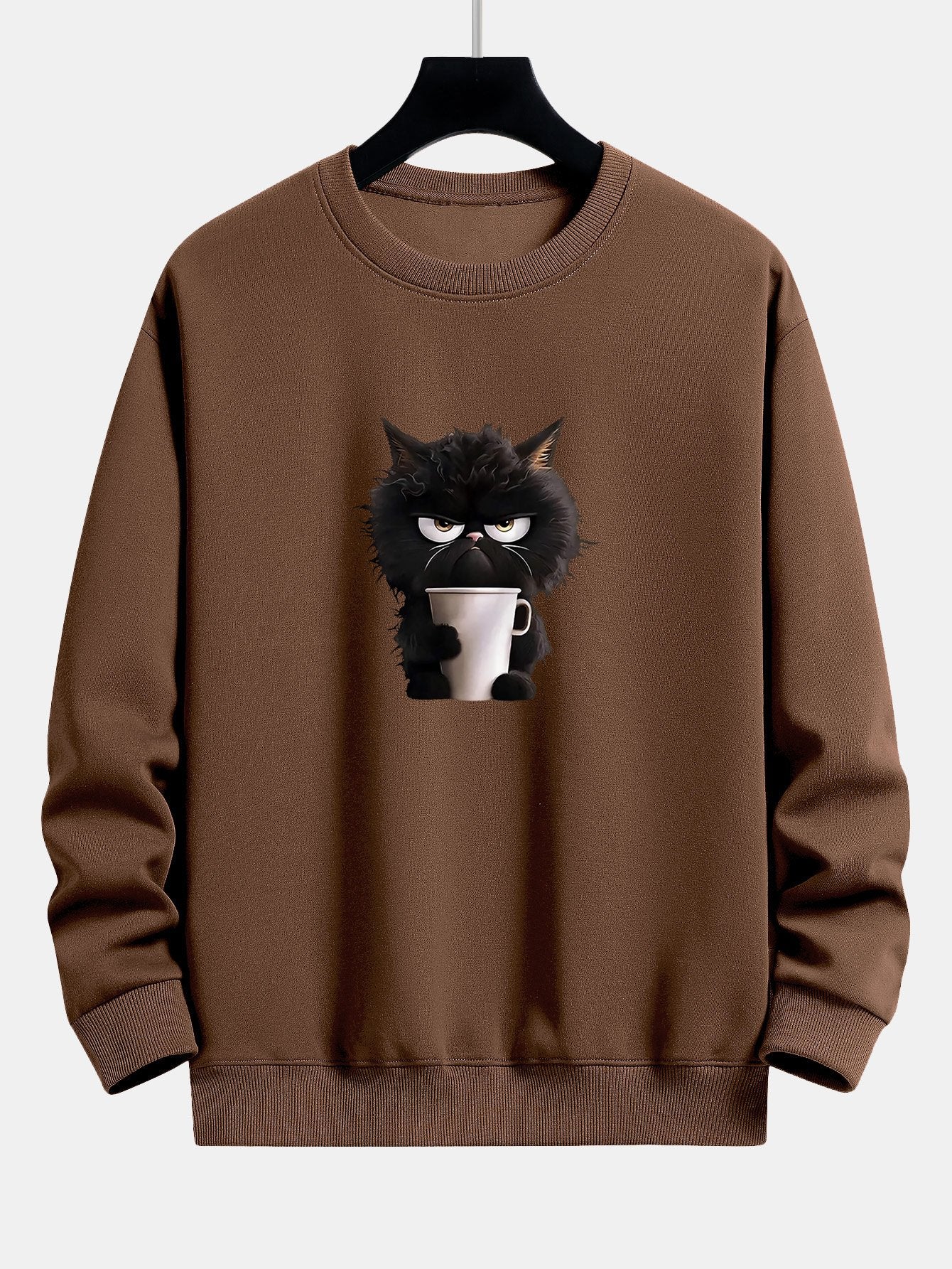 Black Cat Drinking Coffee Print Relax Fit Sweatshirt