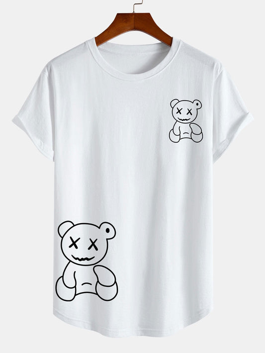 Line Shaped Bear Print Cotton Arc Hem T-Shirt