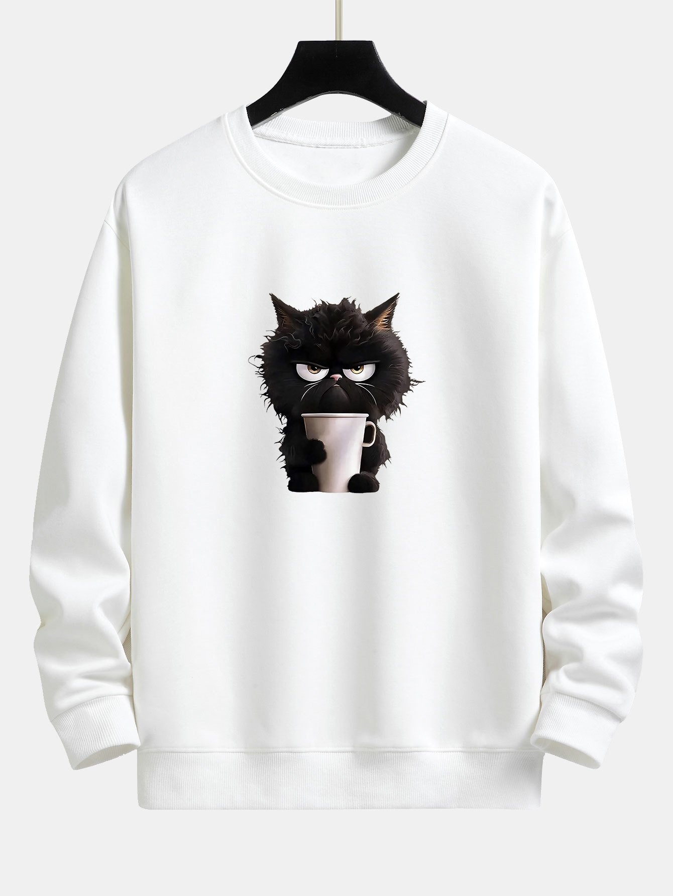 Black Cat Drinking Coffee Print Relax Fit Sweatshirt