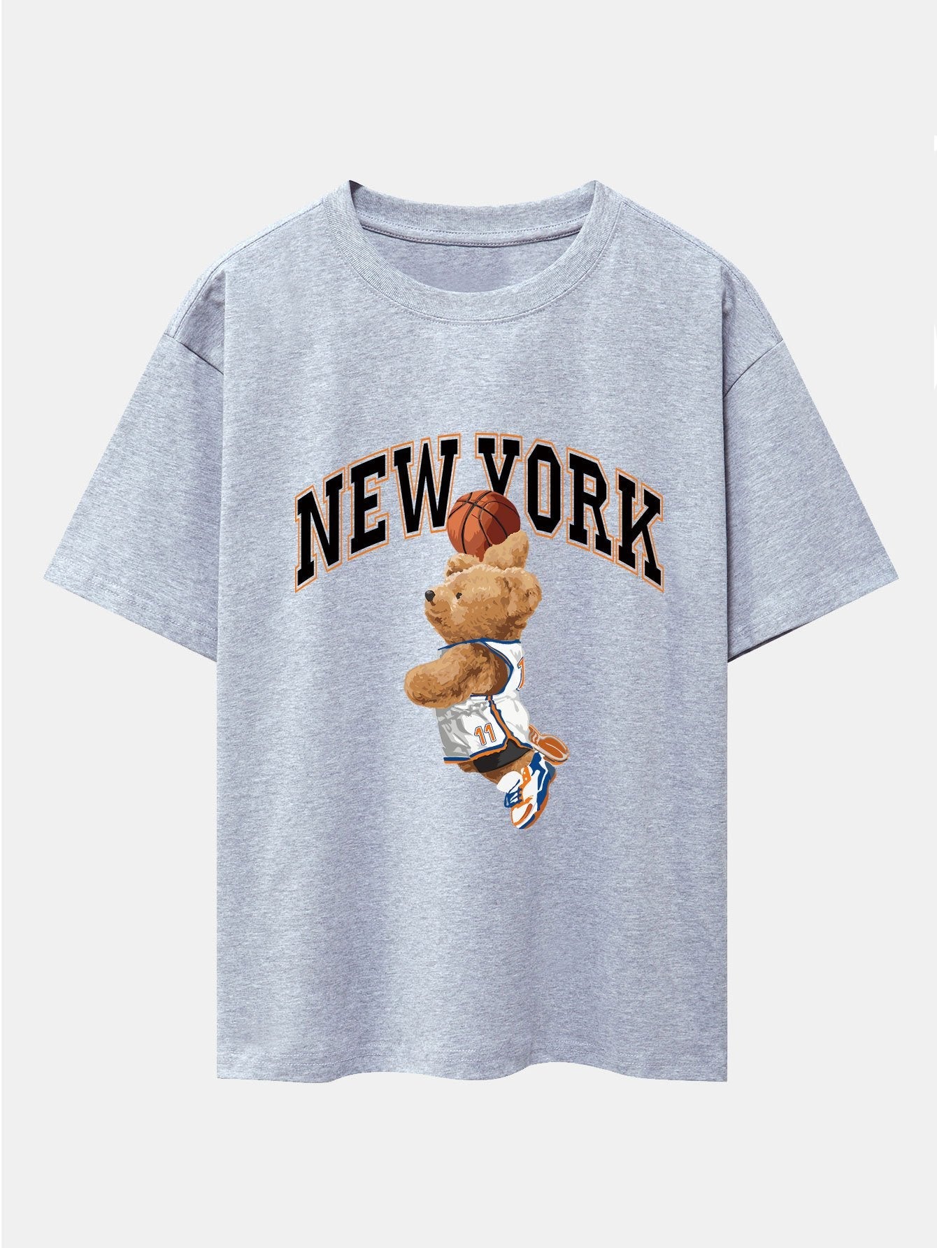 New York Basketball Bear Print Drop Shoulder Oversize T-Shirt