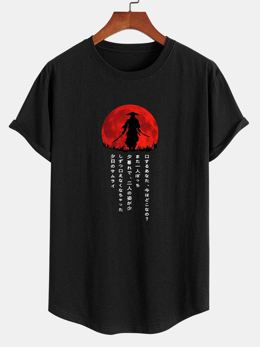 Japanese Samurai Print Cotton Arc Hem T-Shirt