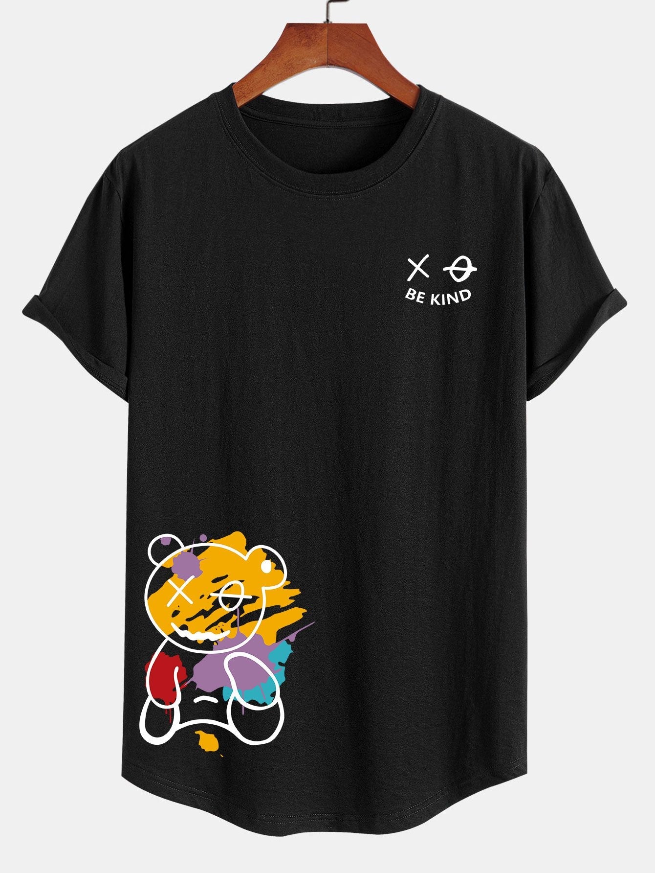 Graffiti Bear Print Cotton Arc Hem T-Shirt