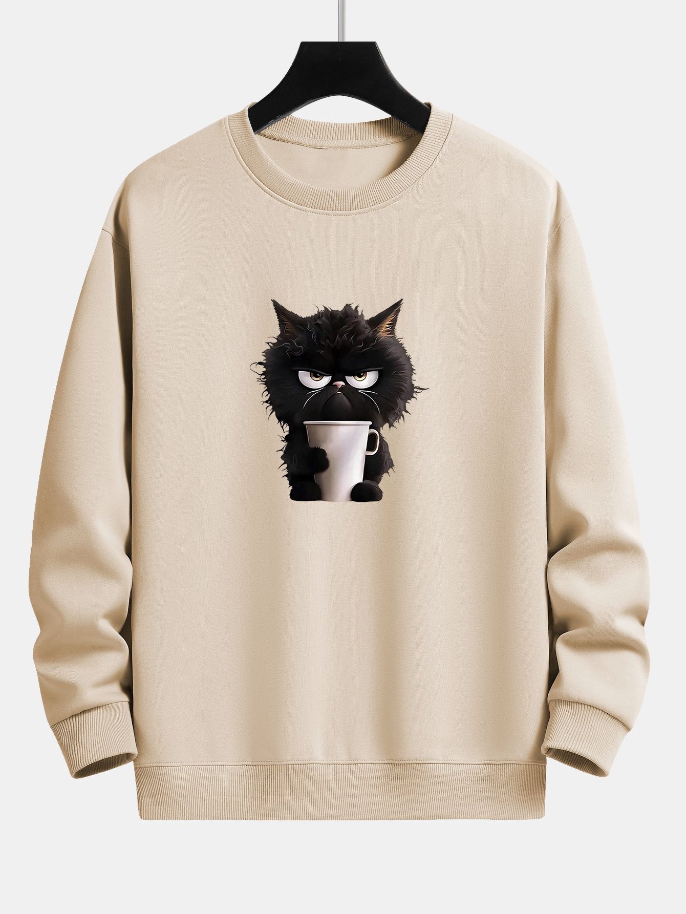 Black Cat Drinking Coffee Print Relax Fit Sweatshirt