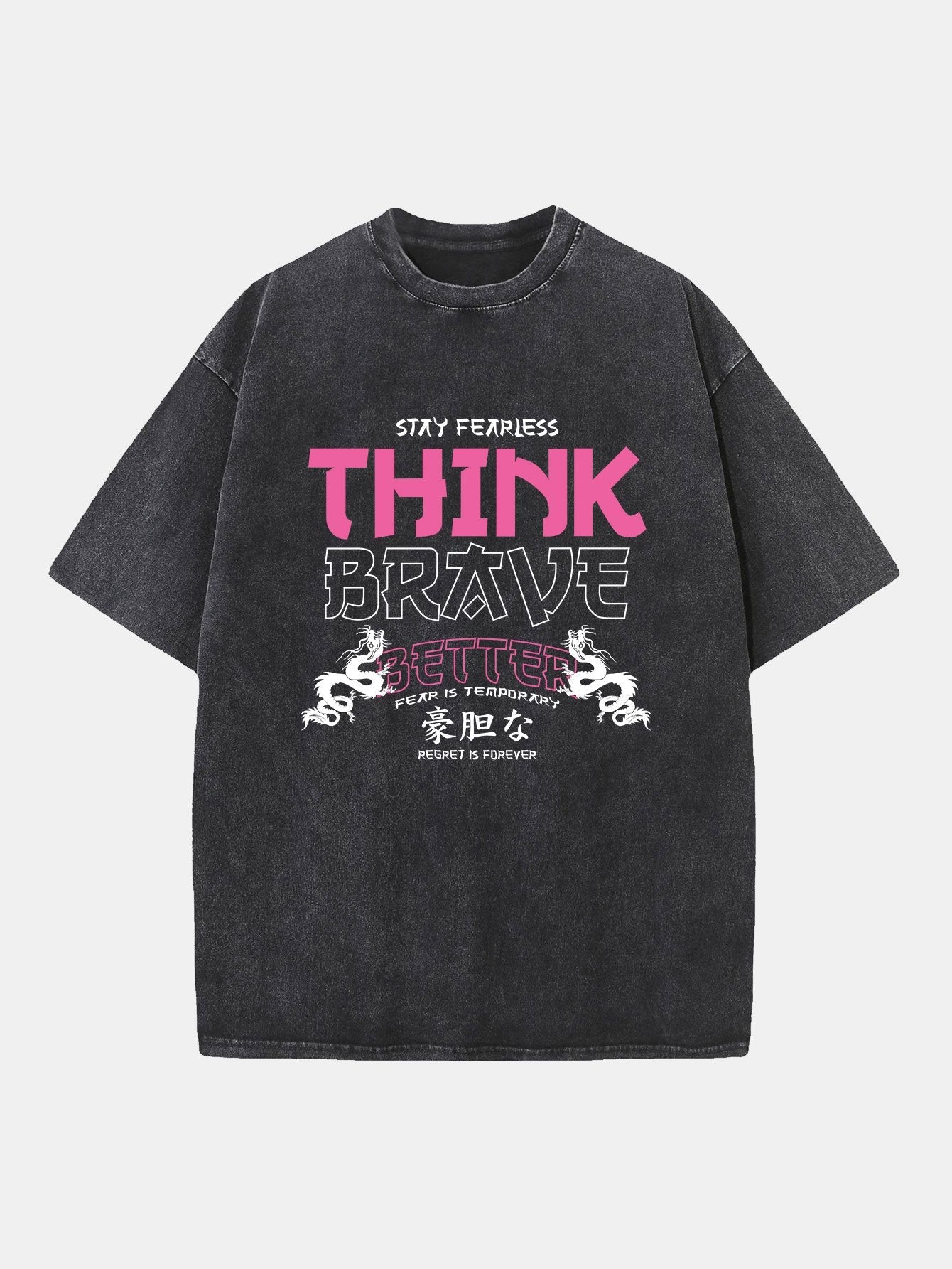 T-shirt délavé à épaules tombantes et imprimé japonais Think Brave