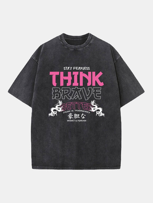 Japanese Think Brave Print Washed Distressed Drop Shoulder T-Shirt