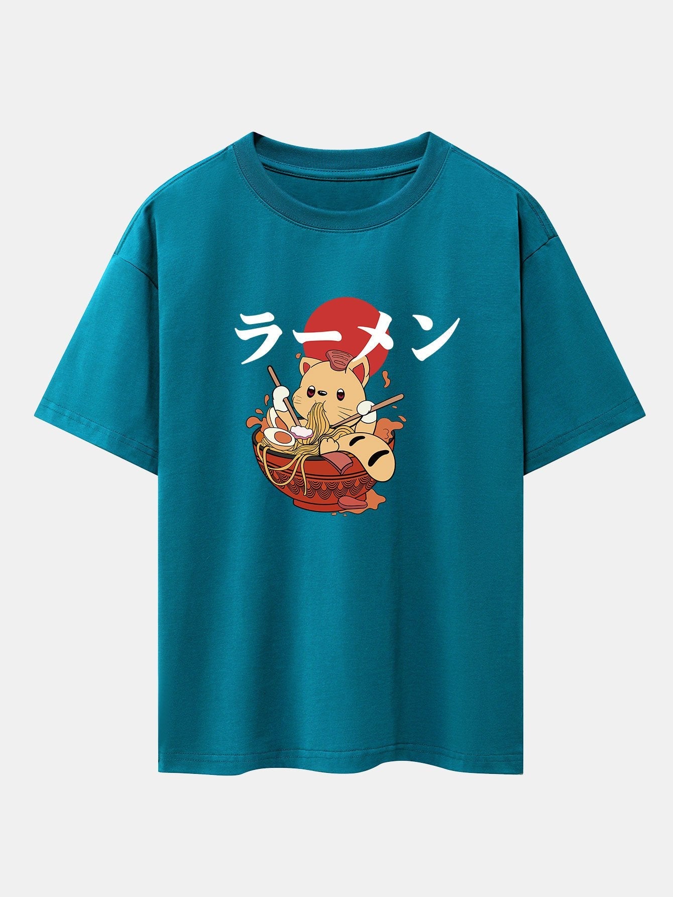 Ramen Cat Print Drop Shoulder Oversize T-Shirt