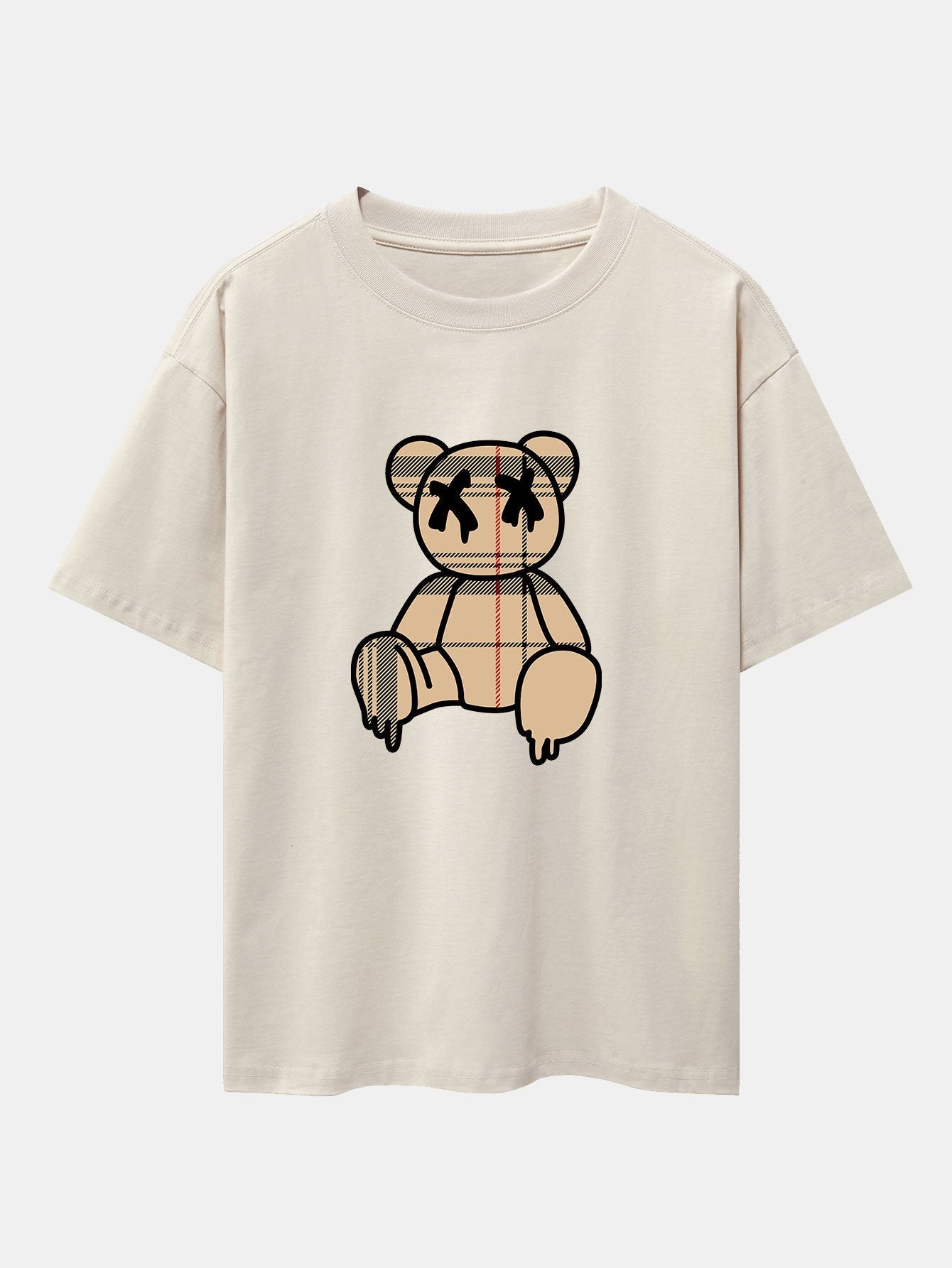 Plaid Pattern Dissolving Bear Print Heavy Weight Drop Shoulder Oversize T-Shirt