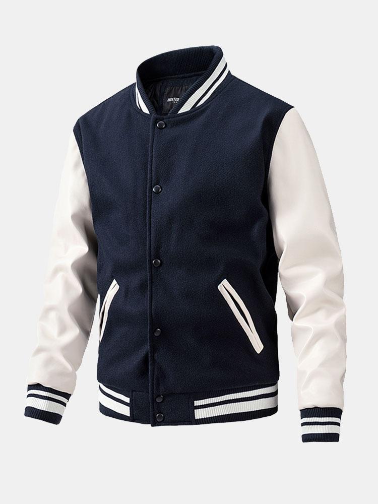 Contrast Wool Look PU Baseball Jacket