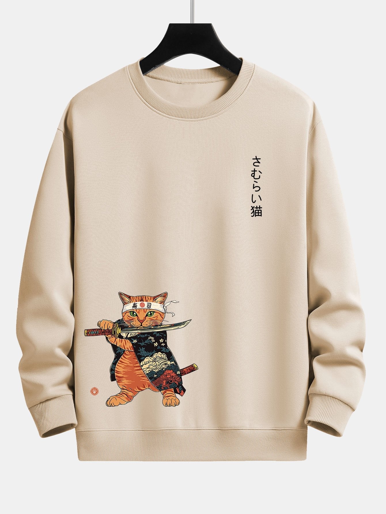 Sweat-shirt coupe décontractée à imprimé chat Samurai Warrior