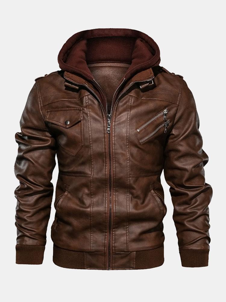 Veste en cuir PU zippée à capuche amovible