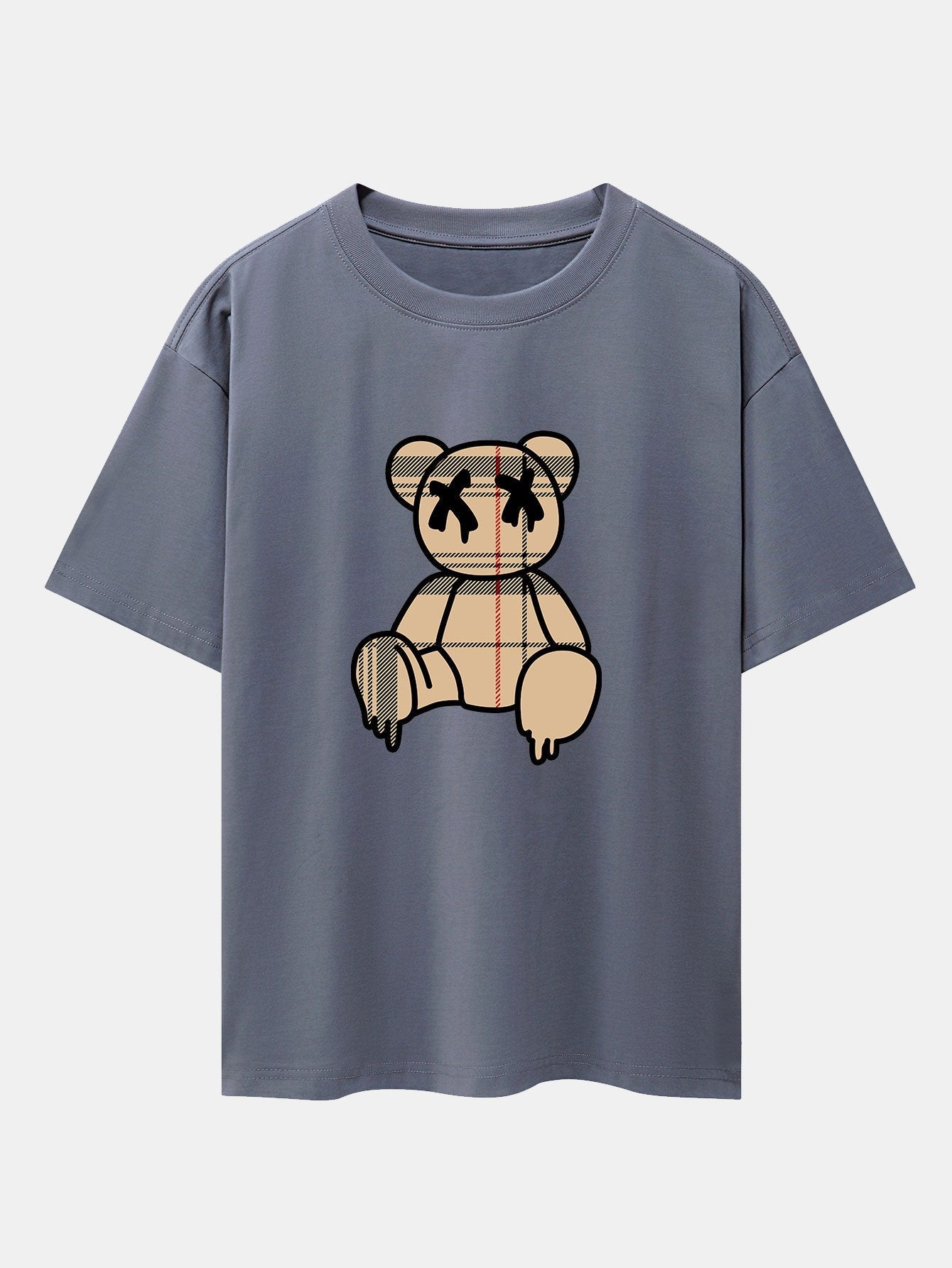 Plaid Pattern Dissolving Bear Print Heavy Weight Drop Shoulder Oversize T-Shirt