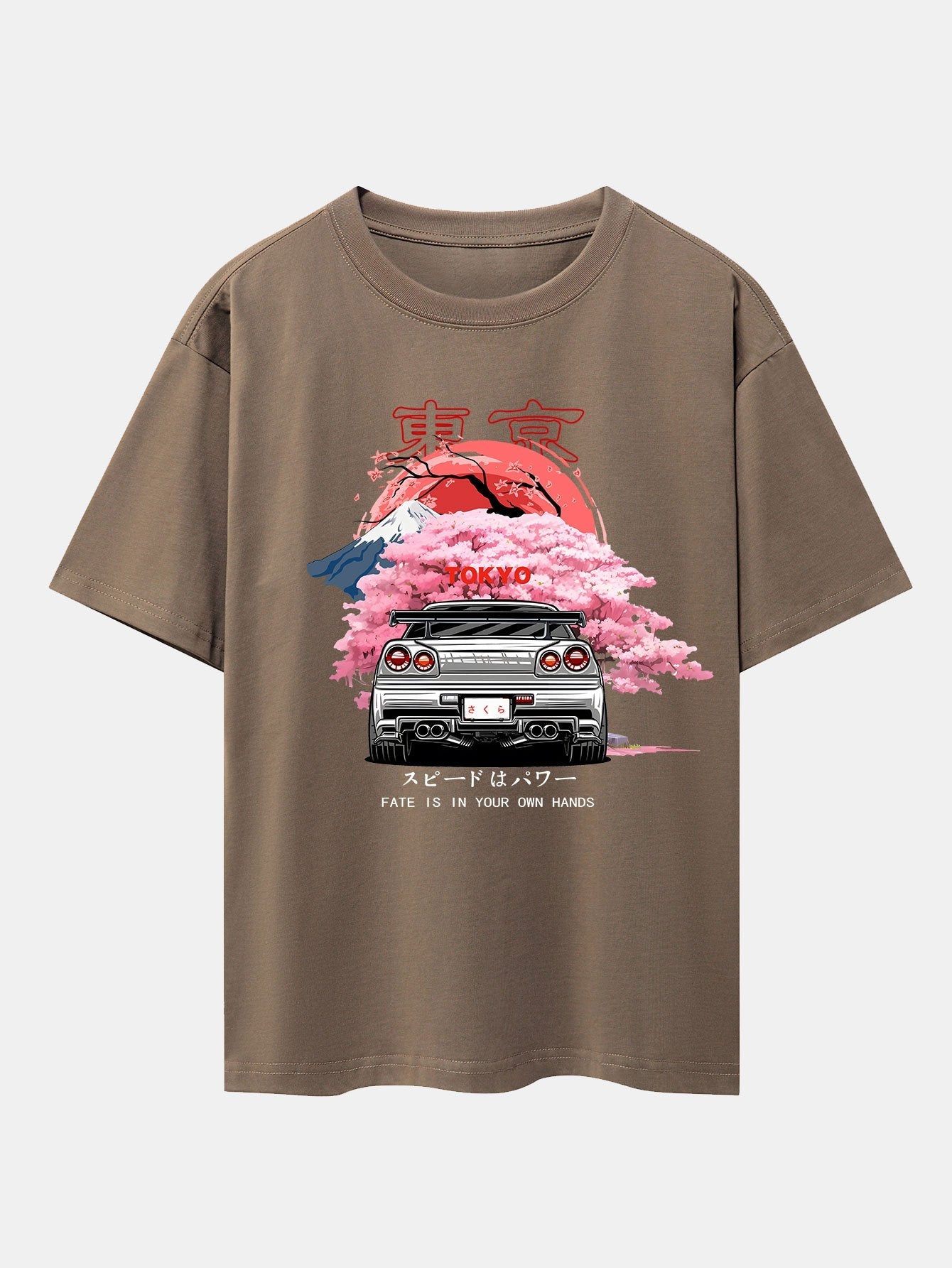 Tokyo Cherry Blossoms Car Print Drop Shoulder Oversize T-Shirt