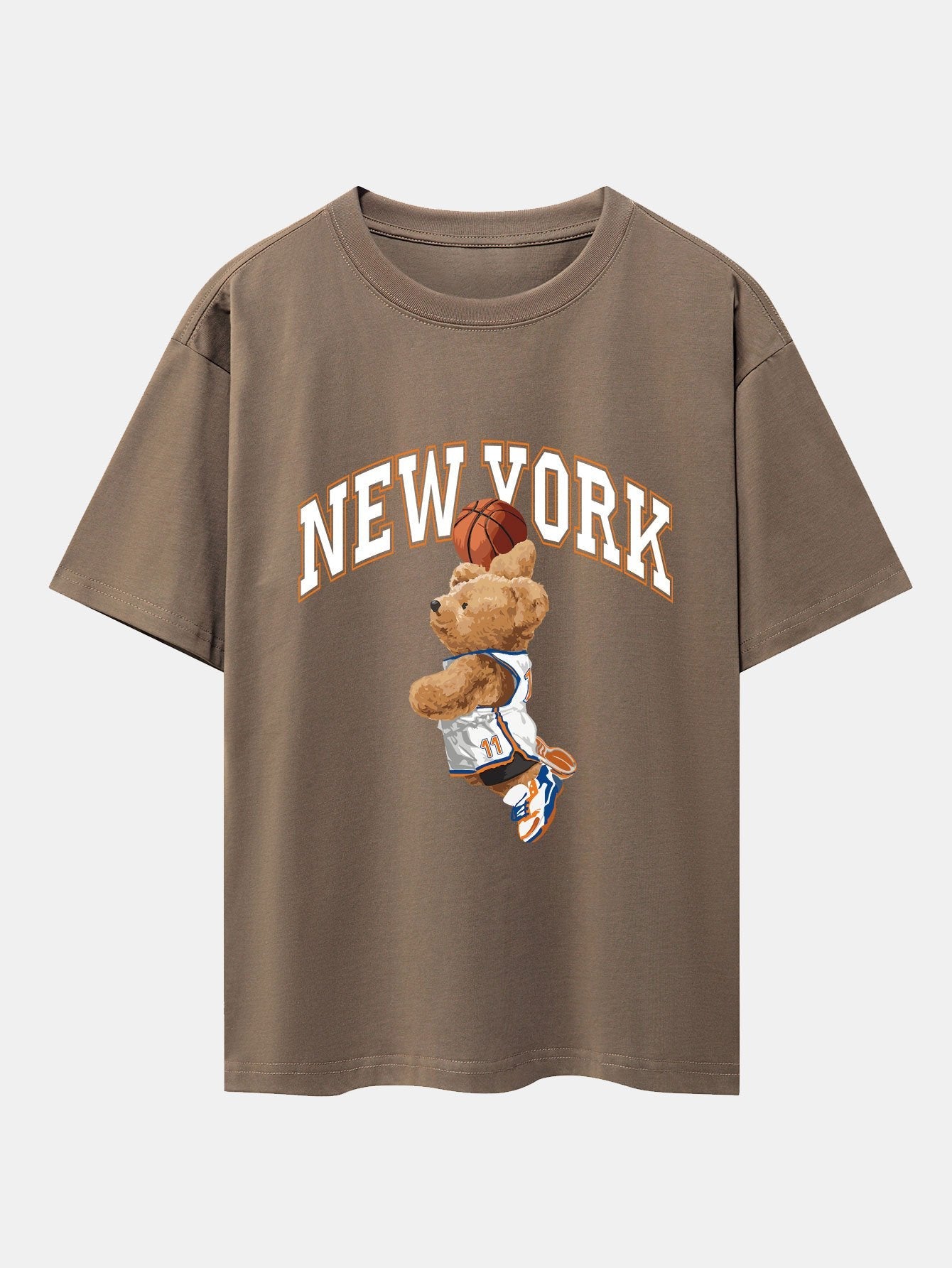 New York Basketball Bear Print Drop Shoulder Oversize T-Shirt