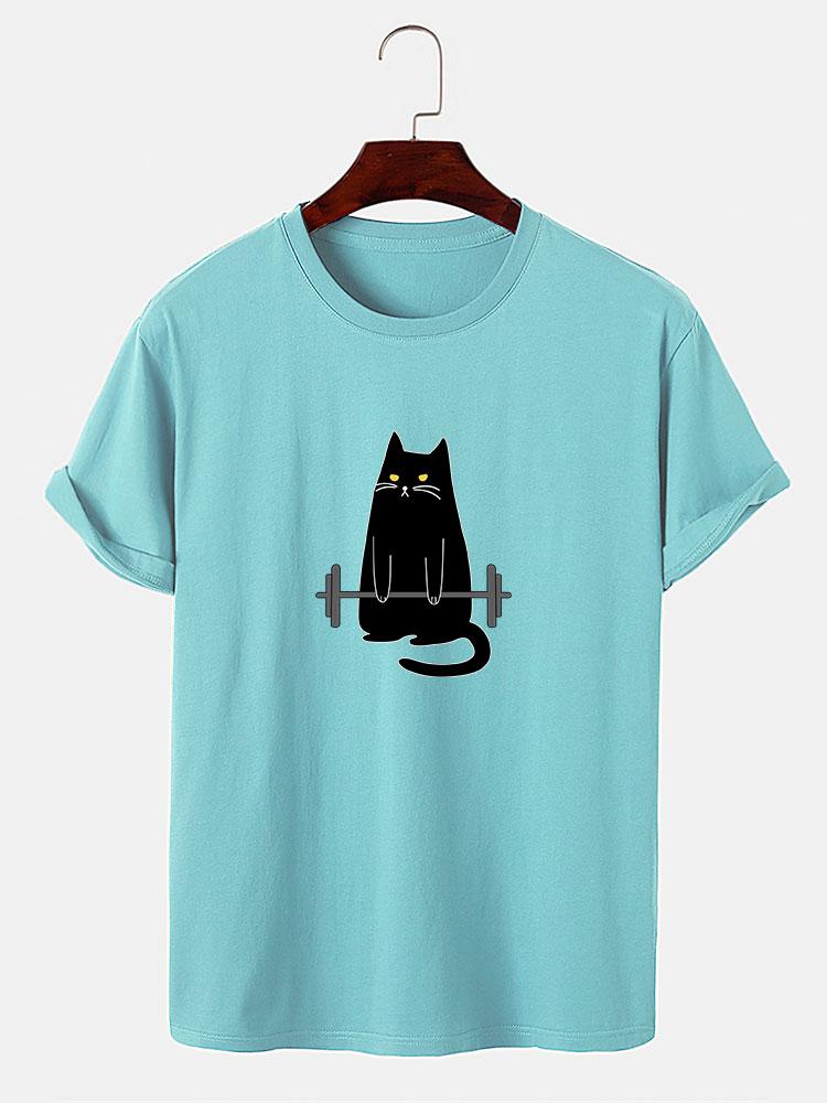 Weightlifting Cat Print T-Shirt