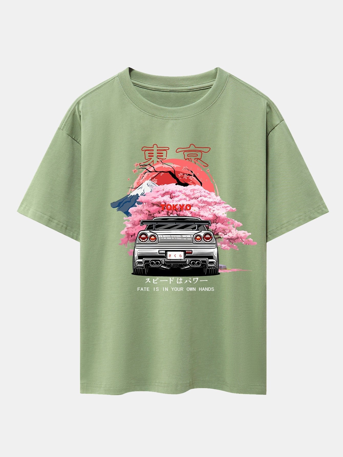 Tokyo Cherry Blossoms Car Print Drop Shoulder Oversize T-Shirt