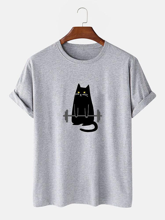 Weightlifting Cat Print T-Shirt