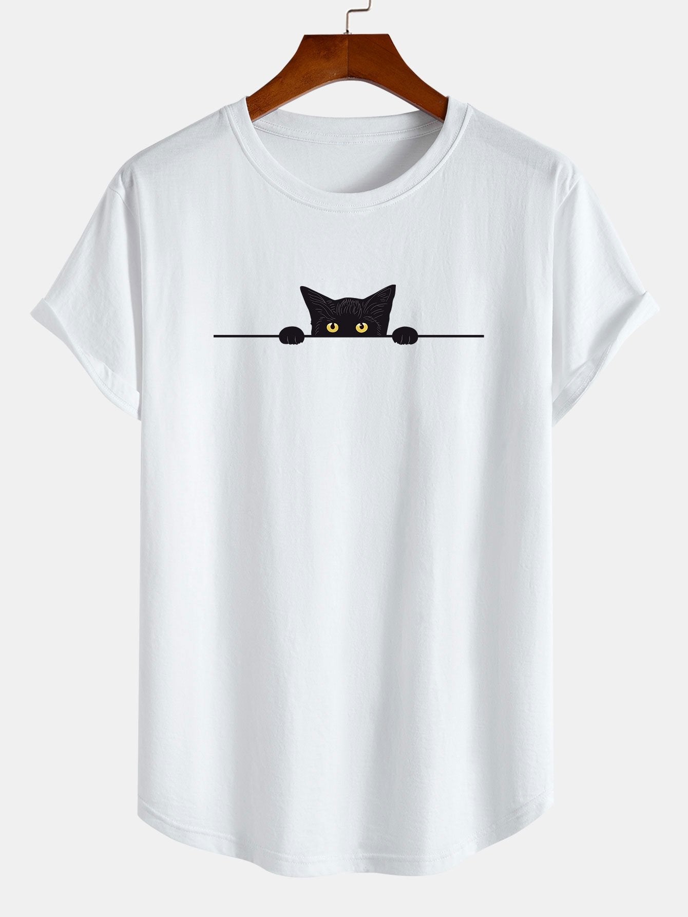 T-shirt noir à ourlet arrondi en coton imprimé chat