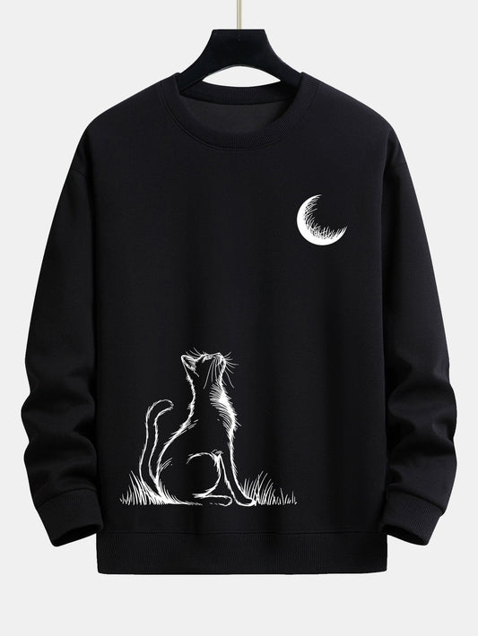 Sweat-shirt coupe décontractée à imprimé chat regardant la lune