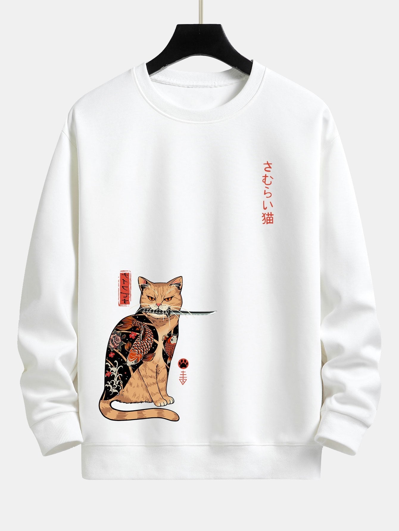 Sweat-shirt coupe décontractée à imprimé chat samouraï japonais