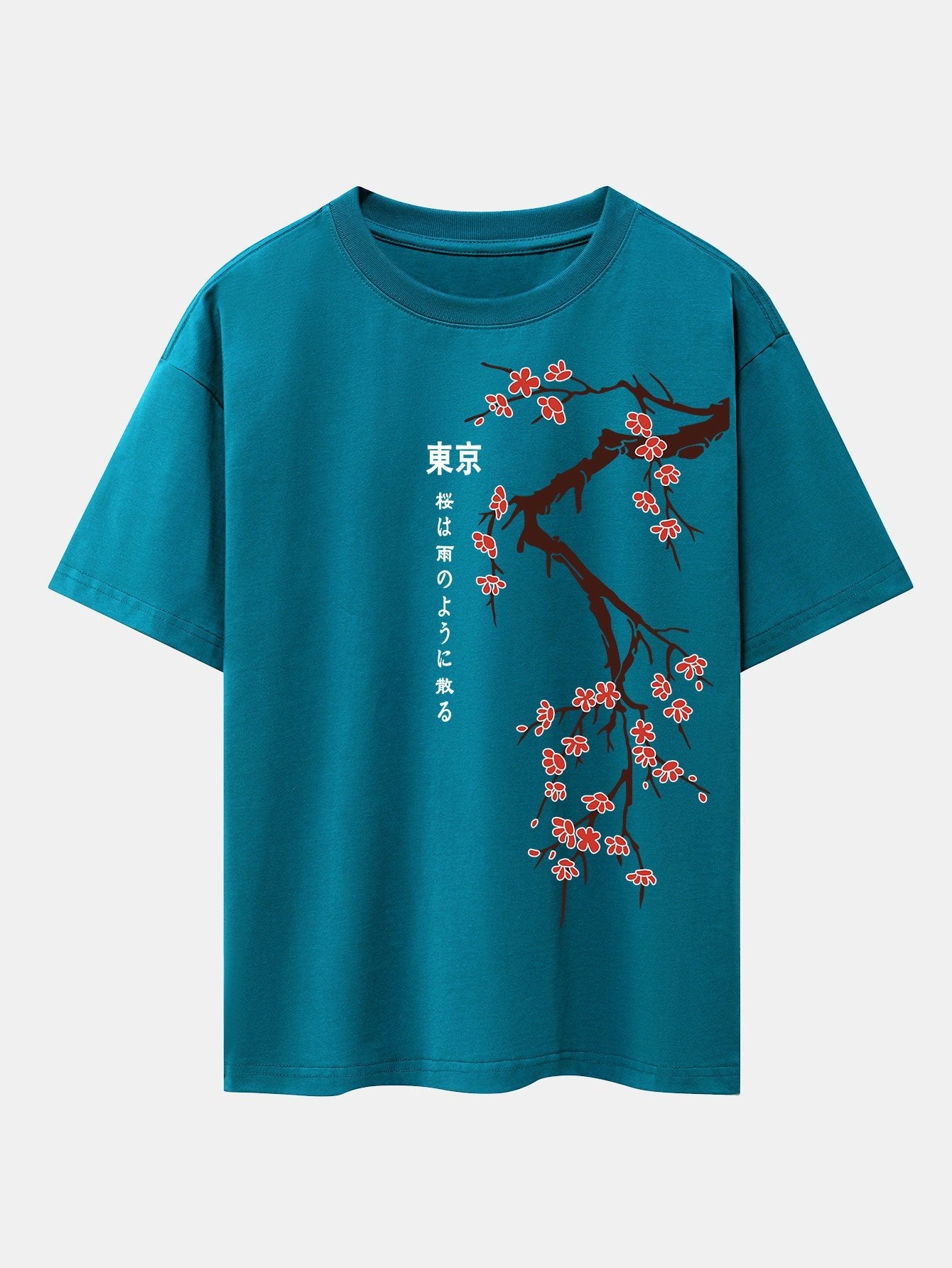 Tokyo Japanese Cherry Blossoms Print Drop Shoulder Oversize T-Shirt