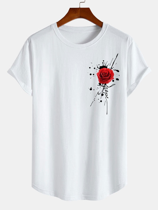 Splash Ink Rose Print Cotton Arc Hem T-Shirt