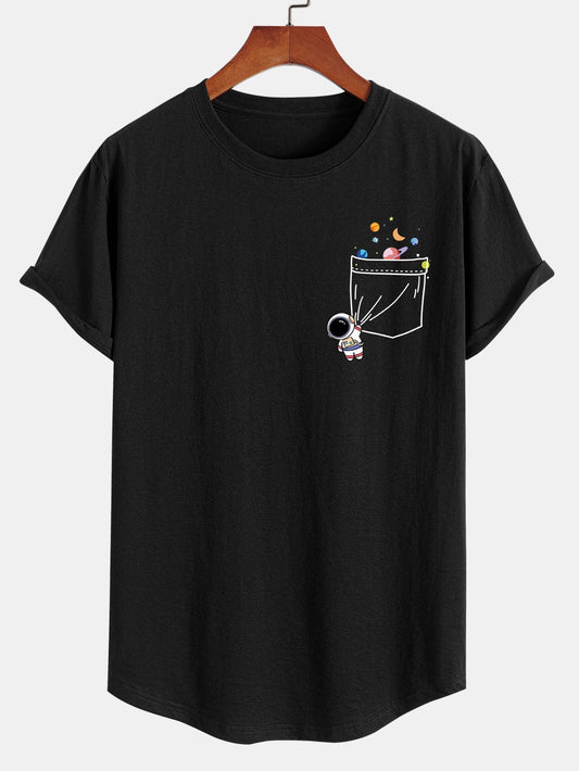 Astronaut Space Pocket Print Cotton Arc Hem T-Shirt