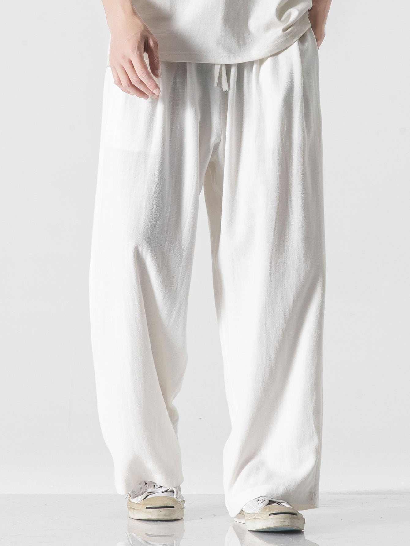 Pantalon large coupe décontractée en mélange de lin et de coton