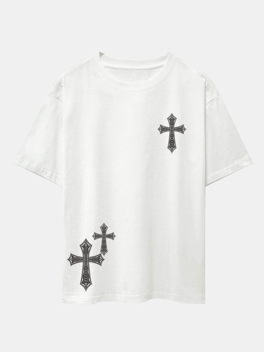 Ornamental Cross Print Drop Shoulder Oversize T-Shirt